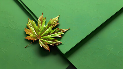 3D wooden table and leaves set against a defocused landscape for natural product display
