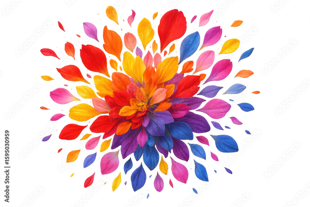 Poster petals in rainbow colors exploding from a vibrant flower on a transparent background, creating a che