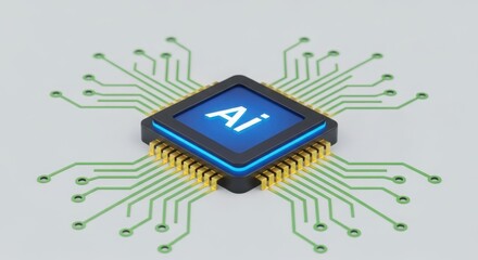 An ai chip with glowing blue circuits on a light background