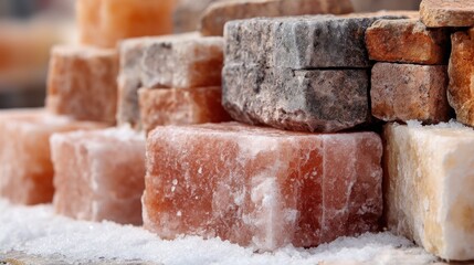 Stacked blocks of various colored rocks and salt
