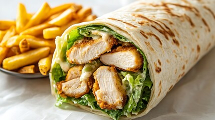 Crispy Chicken Wrap with Fresh Lettuce Served alongside Golden French Fries