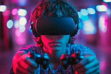 A young man wearing a black VR headset confidently grips two game controllers, fully engaged in an intense gaming experience. The studio is illuminated by vibrant blue and purple neon lights