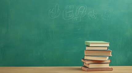 Books piled on wooden desk near green chalkboard, featuring child drawn chalk illustrations representing educational environment and academic preparation