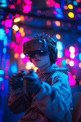 A young man in a black VR headset confidently holds two game controllers while fully engaged in a virtual game. The empty studio glows with vibrant blue and purple neon lights