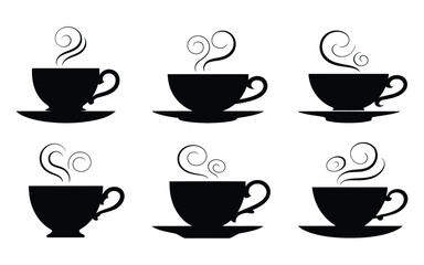 Obraz premium Coffee cup silhouette icon set in black with steam swirls and matching saucers, ideal for café branding, morning beverage, or hospitality themes