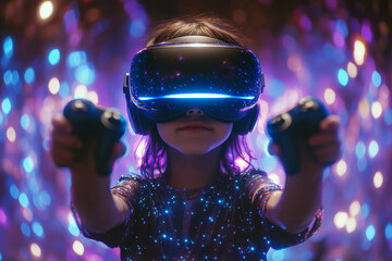 A child wearing a black virtual reality headset holds game controllers, fully immersed in a captivating digital world surrounded by bright blue and purple neon lights in a sleek studio