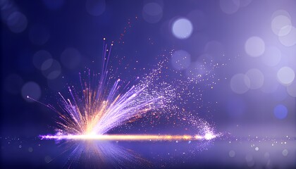Abstract digital particle burst in violet and gold, glowing spark trail explosion on dark purple background with soft bokeh lights, futuristic energy trail, dynamic glitter wave