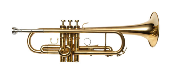 Obraz premium Golden brass trumpet on white isolated background with detailed valves and mouthpiece