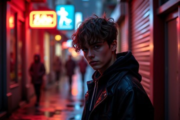 Fototapeta premium Moody portrait of a young man in a leather jacket, standing on a rain-slicked city street at night, neon lights blurring in the background.