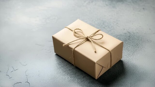 Eco-conscious packaging concept shown with rotating brown gift box, wrapped in rustic paper and rope bow, minimalist vibe on light textured tabletop surface
