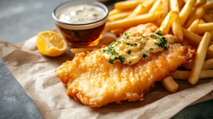 Crispy Fish and Chips with Tartar Sauce and Lemon Wedge