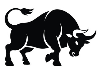 Dynamic bull silhouette icon in black depicting strength, aggression, and power, ideal for stock market, sports branding, or cultural symbolism