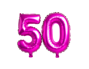 A large, vibrant fuchsia pink foil balloon shaped as the number "50," perfect for celebrations.
