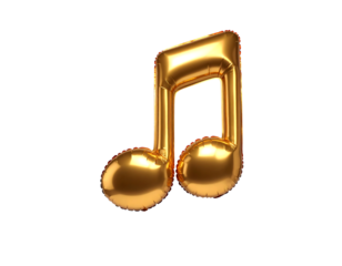 A shiny gold foil balloon shaped like two connected musical quarter notes.