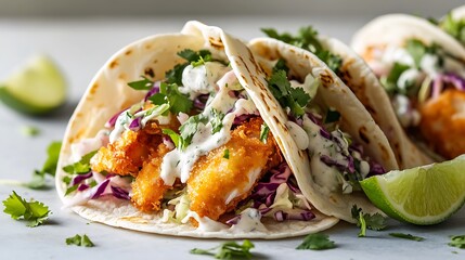 Crispy Fish Tacos with Creamy Sauce and Fresh Cilantro
