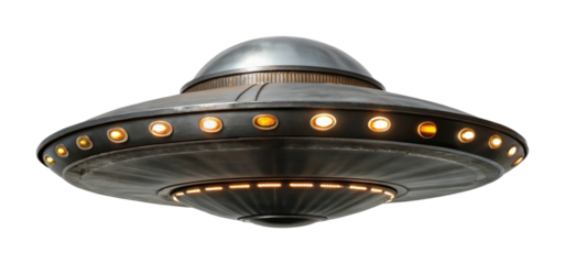 Futuristic flying saucer with illuminated lights in silver design