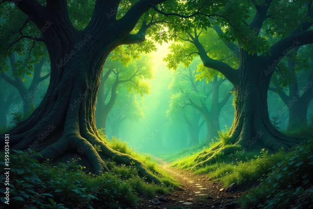 Canvas Prints deep shadows and dappled sunlight filter through a dense forest of ancient trees, creating a mystica