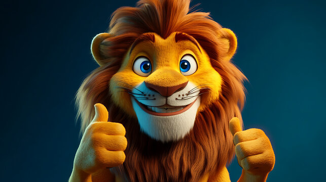 Cinematic image of a cartoon lion character with stylized mane and vibrant details, posing with thumbs up 