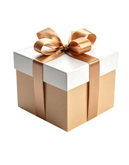 Obraz premium A luxurious white and gold gift box elegantly tied with a golden ribbon and bow, perfect for special occasions.