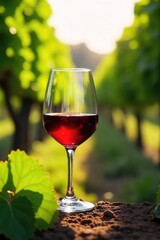 Elegant wine glass filled with red wine, sitting amidst lush green vineyard vines, bathed in sunlight Perfect for wine tasting, vineyard tours, or wine label design , beverage, wine tasting
