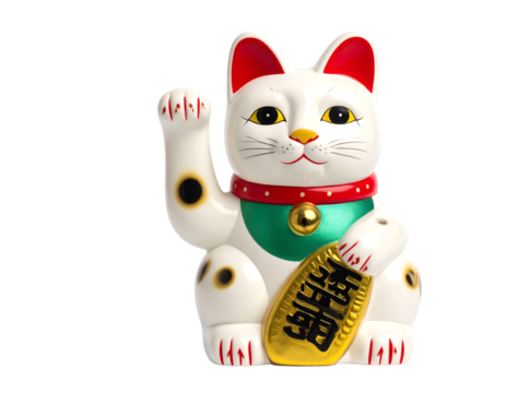 An iconic Maneki Neko figurine, a white lucky cat with an uplifted paw, symbolizing good fortune and prosperity.