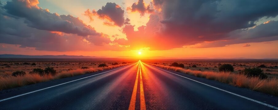 Endless asphalt ribbon stretches towards a vibrant sunset horizon, promising adventure and open road freedom The feeling of limitless possibilities unfolds before the viewer , beautiful, car, scenic - Powered by Adobe