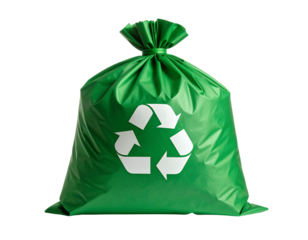 A vibrant green garbage bag tied securely, featuring a prominent white recycling symbol, promoting eco-friendly practices.