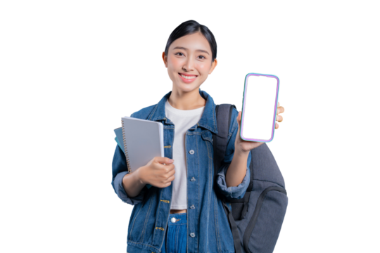 A friendly young Asian student presenting a blank smartphone screen for a mockup, while holding her notebooks on png 