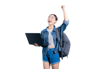 An ecstatic young Asian student celebrating a major success with eyes closed and a raised arm while holding a laptop on png