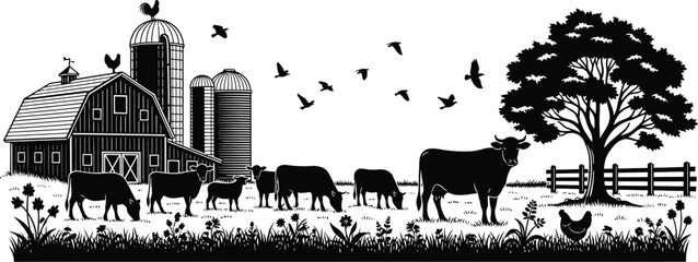 A black and white farm scene with cows, a barn, silos, birds, a tree, and a fence in silhouette