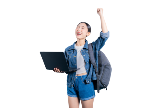 An ecstatic young Asian student celebrating a major success with eyes closed and a raised arm while holding a laptop on png  - Powered by Adobe