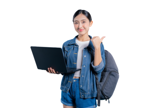 A confident young Asian student holding a laptop and pointing over her shoulder with her thumb, recommending something on png 