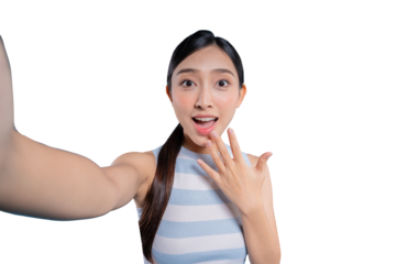 A young Asian girl taking a selfie with a shocked and surprised expression, her hand covering her mouth in disbelief.on png background
