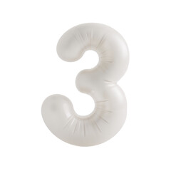 Isolated white number three softly illuminated against a clean transparent space