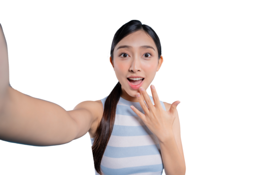 A young Asian girl taking a selfie with a shocked and surprised expression, her hand covering her mouth in disbelief.on png background
