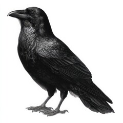 Fototapeta premium Detailed illustration of a black raven with intricate feather detail standing against a clean white background