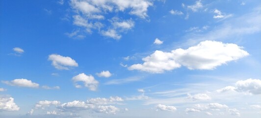 Bright sky with white fluffy clouds in summer. Blue sky with clouds. Soft white clouds float in the clear blue sky. Clear blue sky, bright spring, wallpaper landscape.