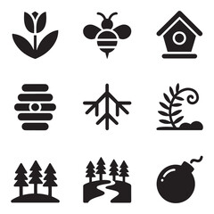 Nature and Environment Icon Set – Minimalist Black and White 3x3 Grid Vector, Art & Illustration.