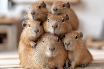 Adorable capybara group resting together in a natural setting for animal stock images