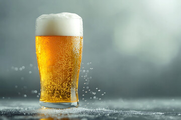 Frothy Light Lager Beer Splash, Full Glass Isolated on Grey Background, Oktoberfest Drink Concept