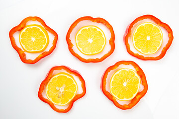 A creative top-down view of five lemon slices placed inside red bell pepper rings on a white background, showcasing vibrant colors and textures. Ideal for food art