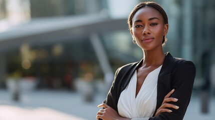 Confident business professional poses outdoors in urban environment showcasing modern architecture and strong personal brand