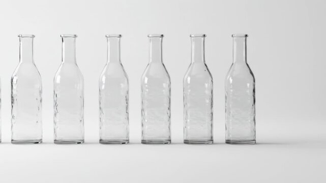 Seven clear glass bottles, each with a narrow neck and textured sides, are arranged in a horizontal row against a white background