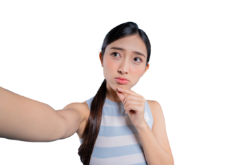 A young Asian girl looking thoughtful and pensive while taking a selfie, as if considering a difficult question.on  png background
