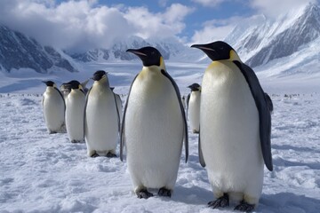Fototapeta premium A group of emperor penguins stand in a line on a snow covered landscape with majestic snow capped mountains in the background under a cloudy blue sky