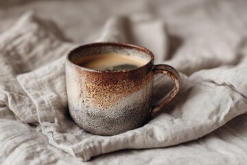 A ceramic coffee cup on linen