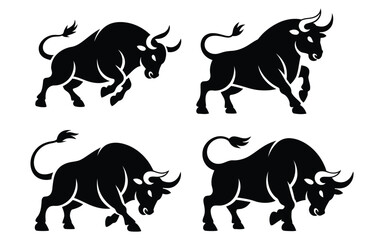 Dynamic bull silhouette icon set in black showcasing strength, aggression, and movement, ideal for stock market, sports, or cultural themes