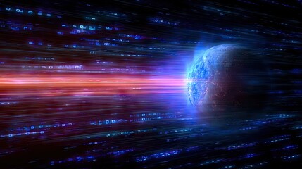 Planet moving through a digital code stream.