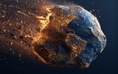 The earth is hit by an asteroid, the meteorite strikes Earth and fragmented into pieces of gold dust. , dark background, hyper realistic game art, cinematic light, high resolution, high details, 