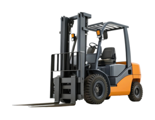 Industrial forklift truck with raised forks for warehouse operations
